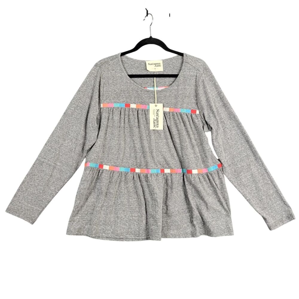 NWT SAVANNA JANE Gray Ribbon Embroidered Tiered Long Sleeve Boho Top SIZE 1X